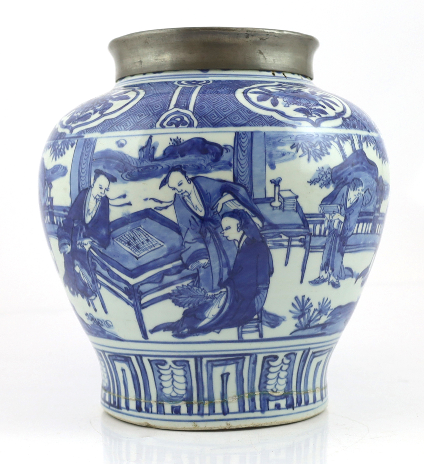 A Chinese Ming blue and white ‘scholars’ jar, guan, Wanli period (1572-1620), broken around base and restuck